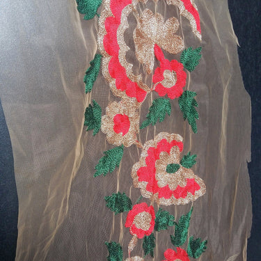 Beige Soft Net Lace Trim With Red, Green And Gold Floral Embroidery, Indian Trims